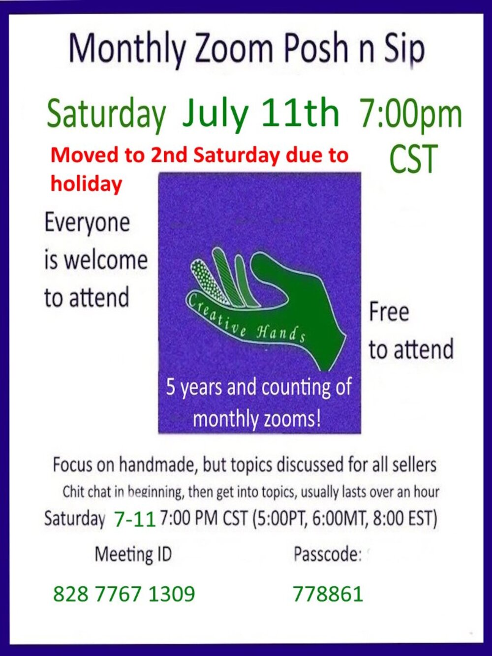 July 11th Monthly Zoom Everyone Welcome Posh & Sip Hand Crafted Handmade Artisan